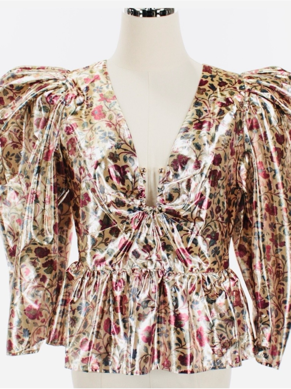 RHODE Sz 2 Alma Puff Metallic Floral V-Neck Peplum Blouse- Pink & Gold MSRP$368
